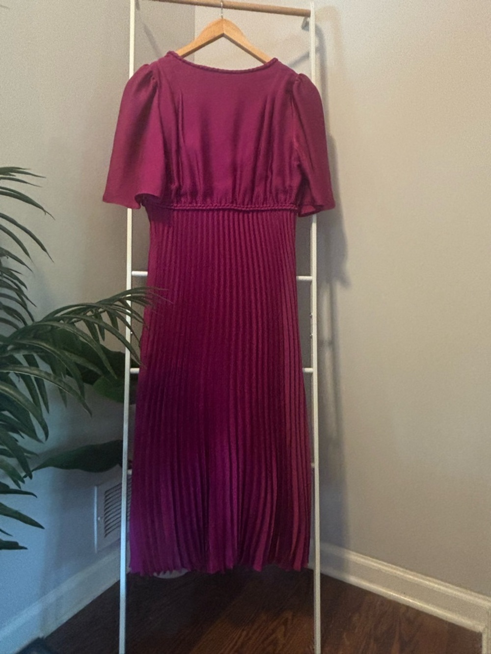 Sezane Pleated V-Neck Midi Dress in Magenta - Picture 11 of 16